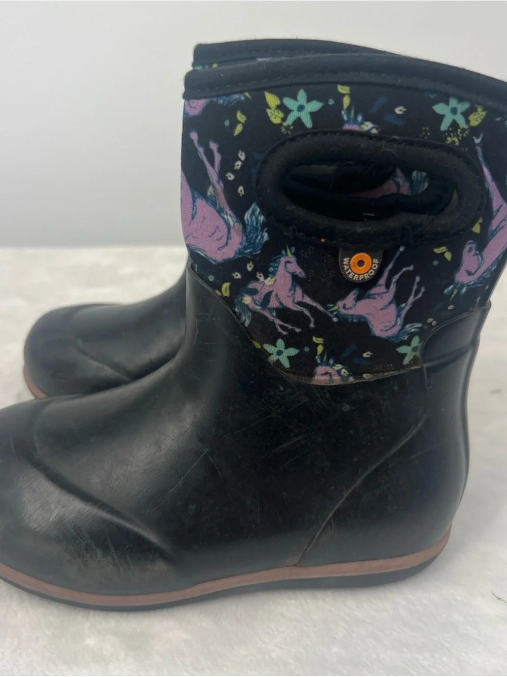 Bogs Kids Black Rain Boots with Purple Unicorns and Blue Floral Accents